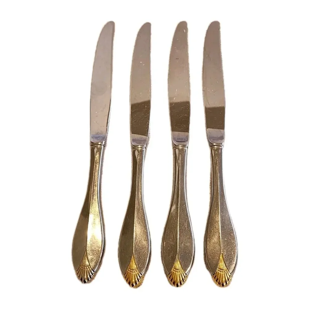 4 Oneida Golden Royal Flute Dinner Knives Community Stainless Flatware READ